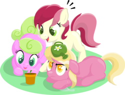Size: 4000x3040 | Tagged: safe, artist:vulthuryol00, daisy, flower wishes, lily, lily valley, roseluck, pony, g4, colored pupils, cute, dripping, flower pot, flower trio, frown, lily is not amused, lilybetes, looking at something, looking up, lying down, missing cutie mark, open mouth, potted plant, prone, rosabetes, simple background, smiling, transparent background, watering can