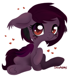Size: 800x869 | Tagged: safe, artist:coffeecuppup, oc, oc only, bat pony, pony, bat pony oc, female, floppy ears, folded wings, freckles, heart, looking at you, mare, simple background, sitting, solo, transparent background