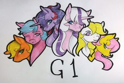 Size: 1024x694 | Tagged: safe, artist:oneiria-fylakas, applejack (g1), firefly, posey, sparkler (g1), surprise, twilight, g1, g4, g1 six, g1 to g4, generation leap, simple background, traditional art, white background