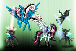 Size: 1200x800 | Tagged: safe, artist:inspiredpixels, oc, oc only, oc:emala jiss, oc:miss smile, alicorn, changeling, pegasus, pony, female, fight, magic, mare