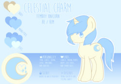 Size: 2123x1473 | Tagged: safe, artist:blissprism, oc, oc only, oc:celestial charm, pony, unicorn, femboy, male, reference sheet, solo