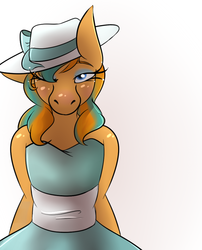Size: 720x890 | Tagged: safe, artist:thyra, oc, oc only, oc:cold front, anthro, bonnet, bow, clothes, crossdressing, dress, eyelashes, eyeshadow, hat, looking at you, makeup, male, one eye closed, simple background, solo, stallion, trap, vintage, white background, wink