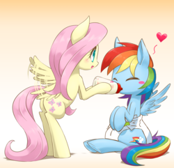 Size: 1021x985 | Tagged: safe, artist:hashioaryut, edit, fluttershy, rainbow dash, pegasus, pony, g4, adult foal, baby bottle, bipedal, blushing, butt, cute, dashabetes, diaper, diaper edit, diaper fetish, duo, eyes closed, feeding, female, flapping, gradient background, heart, hoof hold, mare, non-baby in diaper, open mouth, plot, poofy diaper, shyabetes, sitting, smiling, spread wings, underhoof