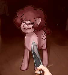 Size: 706x778 | Tagged: safe, artist:stardrawsponies, oc, oc only, oc:bread, pony, :3, hand, knife, knife cat, looking at you, meme, offscreen character, parody, ponified, ponified animal photo, pov, smug, solo focus