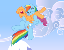 Size: 2843x2222 | Tagged: safe, artist:tay-houby, color edit, edit, rainbow dash, scootaloo, pegasus, pony, g4, colored, cute, cutealoo, dashabetes, high res, laughing, nose in the air, raspberry, scootalove, tickling, tummy buzz