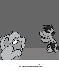 Size: 666x800 | Tagged: safe, artist:egophiliac, princess luna, oc, oc:sunshine smiles (egophiliac), bat pony, pony, moonstuck, g4, eyepatch, filly, grayscale, monochrome, wall, woona, woonoggles, younger