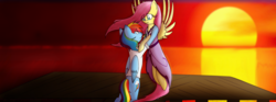 Size: 1940x724 | Tagged: safe, artist:stuflox, fluttershy, rainbow dash, pony, the count of monte rainbow, g4, clothes, crossover, dress, edmond dantes, eye contact, female, half r63 shipping, holding a pony, looking at each other, mercedes, rainbow blitz, rainbow dantes, rule 63, ship:flutterblitz, ship:flutterdash, shipping, shirt, shycedes, straight, sunset, the count of monte cristo