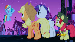 Size: 1010x563 | Tagged: safe, screencap, apple bloom, applejack, rainbow dash, rarity, earth pony, pegasus, pony, unicorn, 28 pranks later, g4, applebutt, butt, cropped, cutie mark, discovery family, discovery family logo, female, filly, filly guides, mare, night, plot, rearity, the cmc's cutie marks