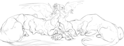 Size: 2701x1000 | Tagged: safe, artist:nothing41, greta, oc, butterfly, griffon, griffon centaur, horse, hybrid, anthro, taur, g4, black and white, grayscale, horsified, monochrome, multiple limbs, paws, simple background, taur train, white background