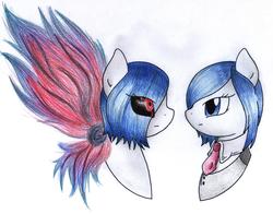 Size: 2623x2053 | Tagged: safe, artist:coffytacotuesday, black sclera, duality, high res, necktie, ponified, simple background, tokyo ghoul, touka kirishima, traditional art, white background