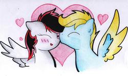 Size: 3087x1831 | Tagged: safe, artist:coffytacotuesday, oc, oc only, pegasus, pony, female, kissing, male, mare, oc x oc, shipping, simple background, stallion, straight, traditional art, white background