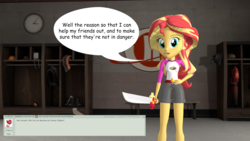 Size: 3612x2032 | Tagged: safe, artist:razethebeast, sunset shimmer, equestria girls, g4, my little pony equestria girls: legend of everfree, 3d, clothes, dialogue, female, high res, looking at you, shorts, smiling, solo, source filmmaker, speech bubble, sword, weapon