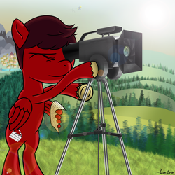 Size: 1717x1717 | Tagged: safe, artist:danatron1, derpy hooves, oc, oc:littleshyfim, pegasus, pony, g4, camera, female, lens flare, male, mare, morse code, no tail, ponyville, red and black oc, script, solo focus, tripod, wing hands