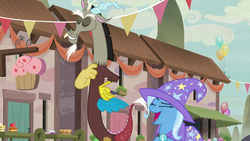 Size: 1280x720 | Tagged: safe, screencap, discord, trixie, pony, unicorn, g4, to where and back again, laughing, our town, trixie's cape, trixie's hat