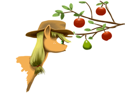 Size: 3200x2400 | Tagged: safe, artist:lemon-bitter-twist, applejack, g4, apple, apple tree, female, food, frown, glare, high res, hilarious in hindsight, pear, pearlarious in hindsight, simple background, solo, that pony sure does hate pears, tree branch