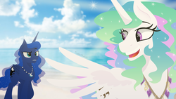 Size: 3840x2160 | Tagged: safe, artist:treblesketchofficial, princess celestia, princess luna, alicorn, pony, g4, beach, disney, duo, high res, jewelry, moana, necklace, ocean, parody, smiling, spread wings, you're welcome