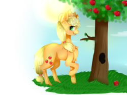 Size: 1024x769 | Tagged: safe, artist:deerotic25, applejack, g4, apple tree, female, grin, raised hoof, simple background, smiling, solo, sun, transparent background