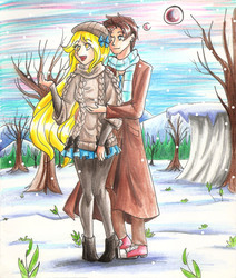 Size: 1601x1888 | Tagged: safe, artist:hopelessromantic721, derpy hooves, doctor whooves, time turner, human, g4, clothes, converse, forest, hug, hug from behind, humanized, male, ship:doctorderpy, shipping, shoes, snow, straight, traditional art, winter