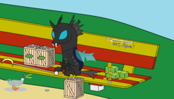 Size: 1174x673 | Tagged: safe, artist:watermelon changeling, derpibooru exclusive, kevin, changeling, duck, g4, bench, changeling loves watermelon, coin, crate, food, money, ms paint, russian, sitting, staff, translated in the description, watermelon