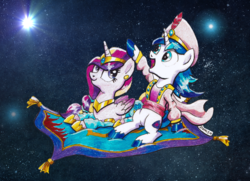 Size: 1040x752 | Tagged: safe, artist:helmie-art, princess cadance, shining armor, g4, aladdin, aladdin (character), crossover, female, flying carpet, male, pointing, princess jasmine, prone, shipping, sitting, space, straight, traditional art