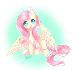Size: 2048x1981 | Tagged: safe, artist:雪娜, fluttershy, pegasus, pony, g4, :d, blushing, chest fluff, colored pupils, cute, female, floppy ears, gradient background, happy, looking at you, mare, one ear down, open mouth, shyabetes, signature, simple background, sitting, smiling, solo, spread wings, teal background