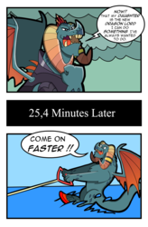 Size: 1060x1611 | Tagged: safe, artist:kingtoby19, dragon lord torch, dragon, g4, gauntlet of fire, 2 panel comic, comic, dialogue, male, open mouth, solo, speech bubble, water, water skiing