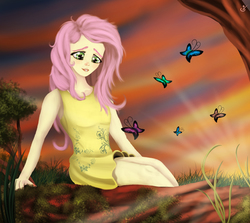 Size: 2679x2387 | Tagged: safe, artist:vinicius040598, fluttershy, butterfly, human, g4, clothes, crepuscular rays, dress, female, high res, humanized, looking at something, sitting, solo, sunset, tree, twilight (astronomy)