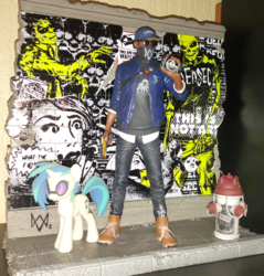 Size: 2190x2287 | Tagged: safe, artist:hashbro, dj pon-3, vinyl scratch, g4, collector, dedsec, figurine, fire hydrant, high res, marcus holloway, watch dogs, watch dogs 2