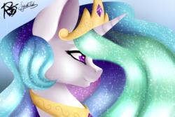 Size: 3000x2000 | Tagged: safe, artist:minelvi, artist:prettyshinegp, princess celestia, alicorn, pony, g4, bust, collaboration, female, grin, high res, jewelry, mare, peytral, signature, smiling, solo, tiara