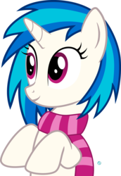 Size: 1733x2519 | Tagged: safe, artist:arifproject, dj pon-3, vinyl scratch, pony, unicorn, g4, arif's wide eyes pone, clothes, cute, female, hooves, horn, mare, scarf, simple background, smiling, solo, transparent background, vector, vinylbetes, wide eyes