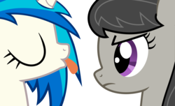 Size: 2135x1298 | Tagged: safe, artist:arifproject, dj pon-3, octavia melody, vinyl scratch, earth pony, pony, unicorn, g4, duo, eyes closed, female, horn, mare, octavia is not amused, simple background, tongue out, transparent background, unamused, vector