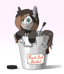 Size: 1280x1483 | Tagged: dead source, safe, artist:victoreach, oc, oc only, oc:whimsy whisky, bat pony, pony, :t, art trade, bat bucket, blushing, bucket, charm, collar, cuffs, cute, fangs, female, freckles, gradient background, gray background, hair over one eye, implied bdsm, label, leash, lewd, lewd bat bucket, riding crop, shadow, simple background, solo, unshorn fetlocks, wide eyes