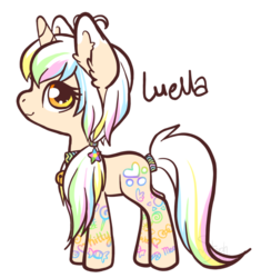 Size: 600x639 | Tagged: safe, artist:coffeecuppup, oc, oc only, oc:luella, pony, unicorn, bell, bell collar, collar, ear fluff, female, fluffy, hair accessory, hair tie, mare, multicolored hair, multicolored mane, multicolored tail, pigtails, ponytail, simple background, solo, transparent background