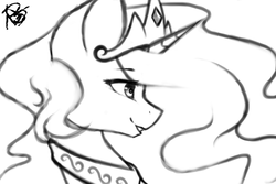 Size: 3000x2000 | Tagged: safe, artist:prettyshinegp, princess celestia, alicorn, pony, g4, bust, female, grin, high res, jewelry, lineart, mare, monochrome, peytral, portrait, profile, signature, simple background, sketch, smiling, solo, tiara, white background