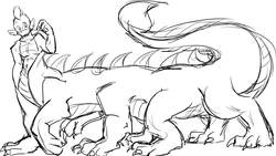 Size: 1217x684 | Tagged: safe, artist:peripericote, spike, dragon, taur, g4, adult spike, multiple limbs, older, paws, post-transformation, solo, taur train, transformation