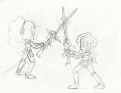 Size: 3278x2524 | Tagged: safe, artist:cybersquirrel, adagio dazzle, sunset shimmer, trixie, twilight sparkle, equestria girls, g4, crossguard lightsaber, high res, lightsaber, monochrome, rough sketch, simple background, star wars, traditional art, weapon, white background