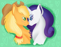 Size: 1680x1292 | Tagged: safe, artist:nastylittlecuss, applejack, rarity, g4, :t, blushing, chest fluff, eye contact, eyelashes, female, heart, lesbian, lidded eyes, looking at each other, ship:rarijack, shipping, simple background, smiling