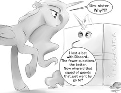 Size: 1280x989 | Tagged: safe, artist:silfoe, princess celestia, princess luna, pony, royal sketchbook, g4, box, cardboard box, confused, cute, eye contact, floppy ears, frown, grayscale, hiding, horn, horn impalement, lidded eyes, looking at each other, missing accessory, monochrome, open mouth, pony in a box, raised hoof, sillestia, silly, silly pony, unamused