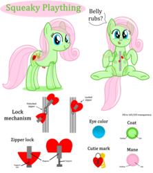 Size: 3200x3600 | Tagged: safe, artist:bladedragoon7575, oc, oc only, oc:squeaky plaything, inflatable pony, original species, pooltoy pony, bellyrubs, cute, handles, high res, inflatable, latex, lockable zipper, looking at you, pool toy, reference sheet, simple background, translucent, transparent background, zipper