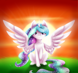 Size: 1024x962 | Tagged: safe, artist:cadenza146, artist:themagicfantasy, princess celestia, g4, backlighting, crepuscular rays, female, raised hoof, sitting, solo, spread wings, sun