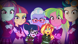 Size: 1280x720 | Tagged: safe, artist:limedazzle, artist:themexicanpunisher, edit, edited screencap, screencap, vector edit, indigo zap, lemon zest, sci-twi, sour sweet, sugarcoat, sunny flare, sunset shimmer, twilight sparkle, equestria girls, g4, my little pony equestria girls: legend of everfree, clothes, crossed arms, freckles, glasses, goggles, let me go, open mouth, school uniform, shadow five, show accurate, unleash the magic, yelling