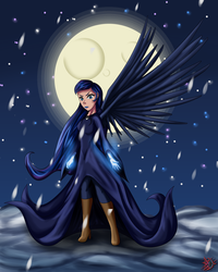 Size: 2000x2500 | Tagged: safe, artist:udlx, princess luna, spirit of hearth's warming yet to come, human, g4, cloak, clothes, female, high res, humanized, moon, snow, solo, winged humanization