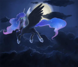 Size: 1200x1028 | Tagged: safe, artist:mylittlegodzilla, princess luna, g4, cloud, cloudy, female, flying, glowing eyes, moon, night, solo, stars