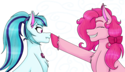Size: 6568x3786 | Tagged: safe, artist:cornerverse, pinkie pie, sonata dusk, earth pony, pony, g4, absurd resolution, boop, bow, chest fluff, colored hooves, female, grin, hair bow, lesbian, nose wrinkle, ponytail, scrunchy face, ship:pinata, shipping, simple background, smiling, transparent background, unshorn fetlocks