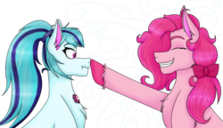 Size: 6568x3786 | Tagged: safe, artist:cornerverse, pinkie pie, sonata dusk, earth pony, pony, g4, absurd resolution, alternate hairstyle, boop, bow, chest fluff, colored hooves, colored pinnae, disguise, disguised siren, earth pony sonata dusk, equestria girls ponified, eyes closed, female, gem, grin, hair bow, lesbian, nose wrinkle, ponified, ponytail, scrunchy face, ship:pinata, shipping, simple background, siren gem, smiling, transparent background, unshorn fetlocks