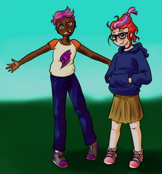 Size: 933x1000 | Tagged: safe, artist:halcy0n, moondancer, scootaloo, human, g4, clothes, dark skin, freckles, gap teeth, glasses, hoodie, humanized, jeans, pants, shirt, shoes, skirt, sneakers