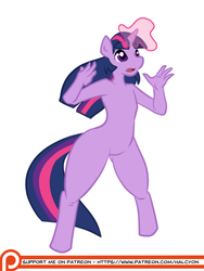 Size: 750x1000 | Tagged: safe, artist:halcy0n, twilight sparkle, anthro, unguligrade anthro, g4, glowing horn, horn, magic, patreon, patreon logo, pony to anthro, simple background, solo, spell gone wrong, transformation, white background