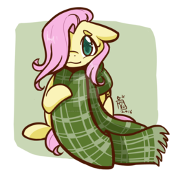 Size: 1024x1024 | Tagged: safe, artist:leafbunny, fluttershy, g4, :3, clothes, colored pupils, cute, female, floppy ears, hair over one eye, looking at you, oversized clothes, scarf, shyabetes, sitting, solo, watermark