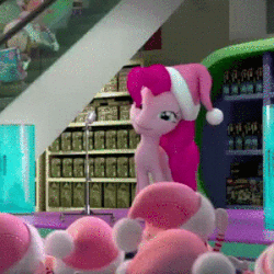 Size: 300x300 | Tagged: safe, pinkie pie, earth pony, pony, g4, 3d, animated, bipedal, commercial, escalator, eyes closed, female, gif, hat, liverpool, mexico, microphone, microphone stand, santa hat, singing, smiling, translation request