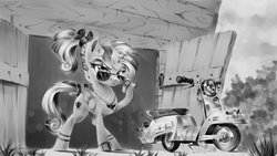 Size: 1920x1080 | Tagged: safe, artist:v747, princess cadance, g4, female, grayscale, jewelry, monochrome, necklace, scooter, shed, solo, sunglasses, teen princess cadance